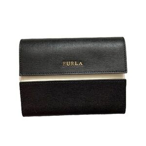 Furla black saffiano leather double north south flap clutch wallet